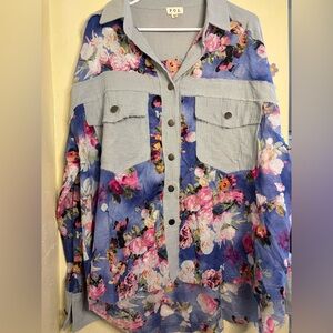 POL Women's Floral Button Down Shirt - Blue and Pink